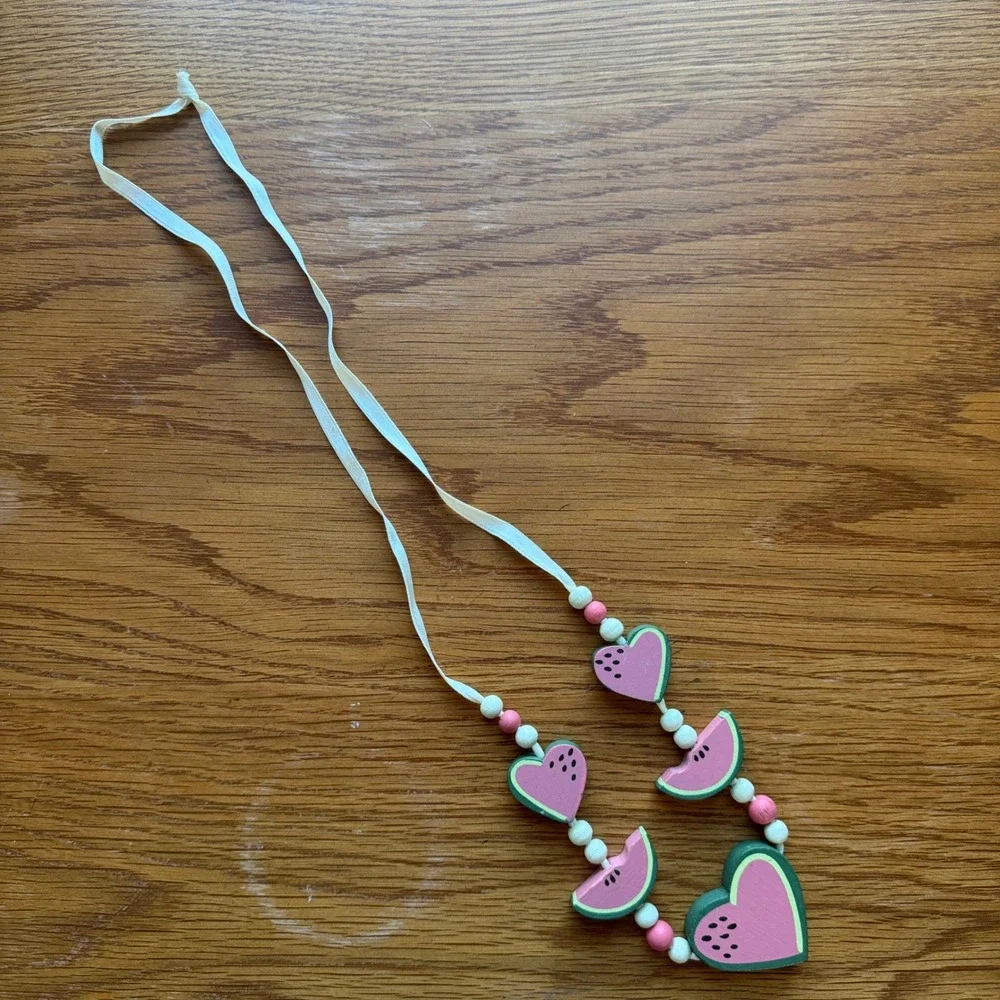 Handmade Wooden Heart Watermelon Beaded Necklace Girls‎ Pink Green